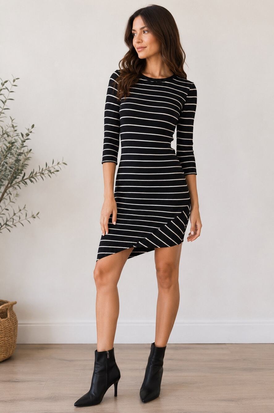 Mango XS Black White Striped Knit Bodycon Dress Asymmetrical Hem